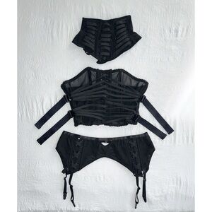 Dolls Kill Darker Wavs Echo black lingerie set corset choker garter belt size M